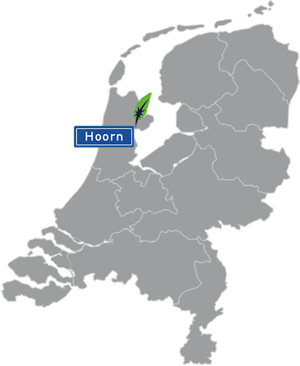 Landkaart Nederland grijs - locatie Dagnall Taleninstituut in Hoorn - aangegeven met blauw plaatsnaambord met witte letters en Dagnall veer - op transparante achtergrond - 600 * 733 pixels